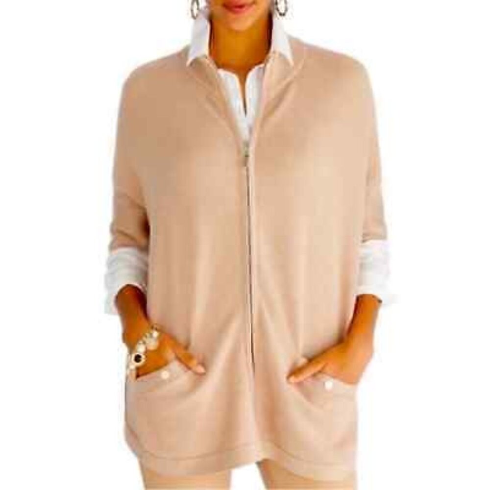 White House Black Market Tan Zippered Poncho with Pockets - Size M